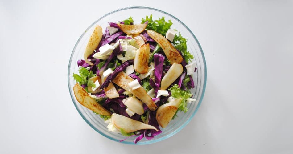 Purple cabbage, pear and fresh cheese salad